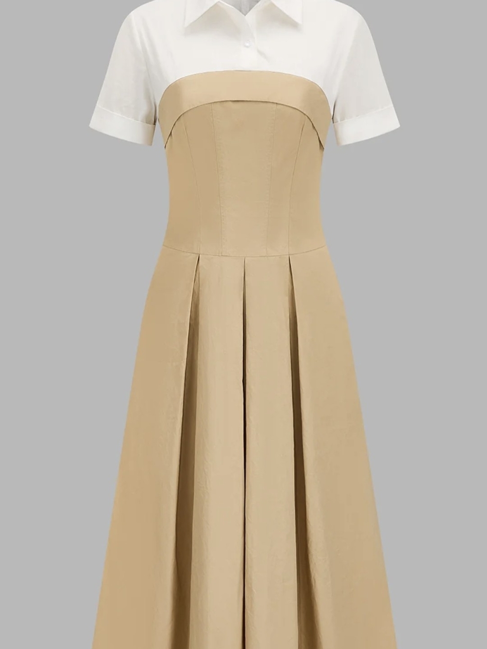 Commense Two-Tone Shirt Maxi Dress in White and Beige